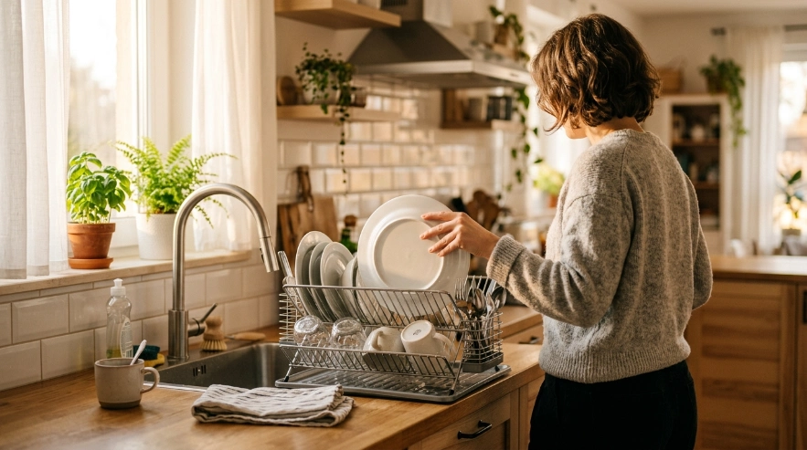 Person placing the last plate into a stainless steel dish rack in a sunny modern kitchen.