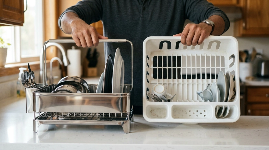 Hands comparing a stainless steel dish rack and a plastic dish rack on a kitchen counter.