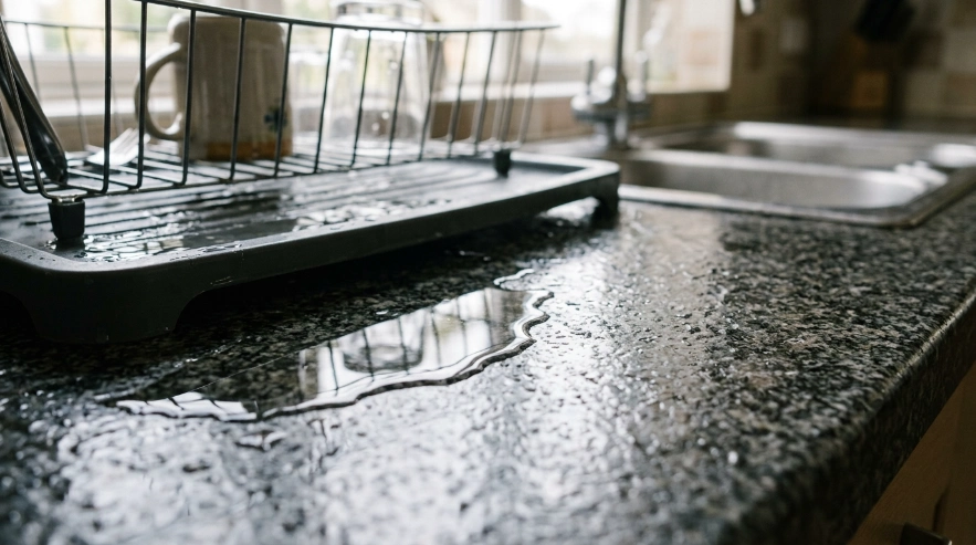 A close-up of a water puddle forming on a countertop due to a dish rack's poor drainage system.