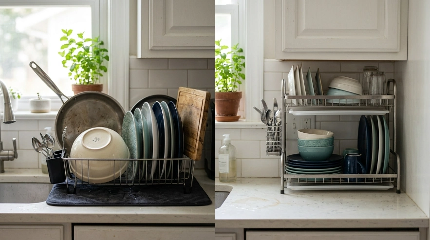 Wide single-tier dish rack compared with a space-saving two-tier rack in a kitchen