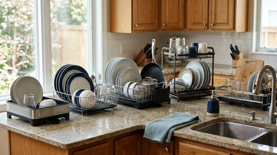 Compact, standard, full-size, expandable, and two-tier dish racks compared on a kitchen counter.