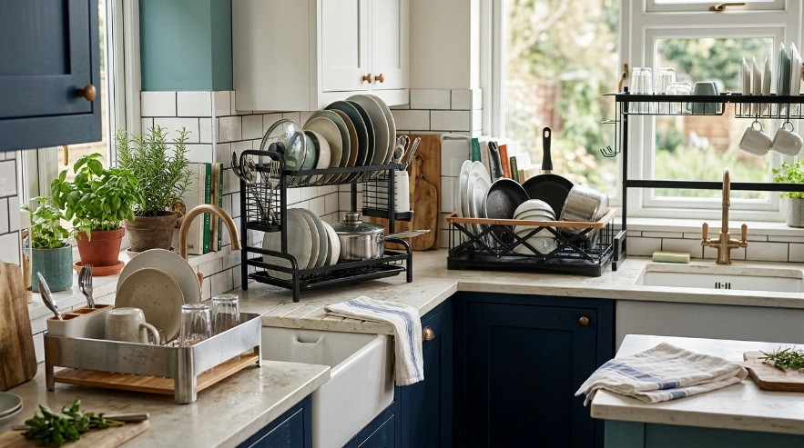 Compact, standard, two-tier, expandable, and over-sink racks shown for different kitchen needs.