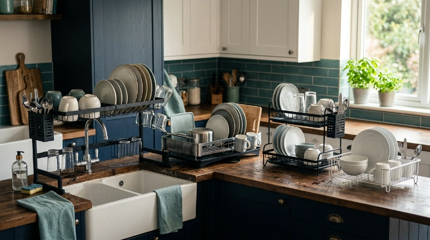 Over-sink and countertop racks compared for the largest dish drying rack setup.