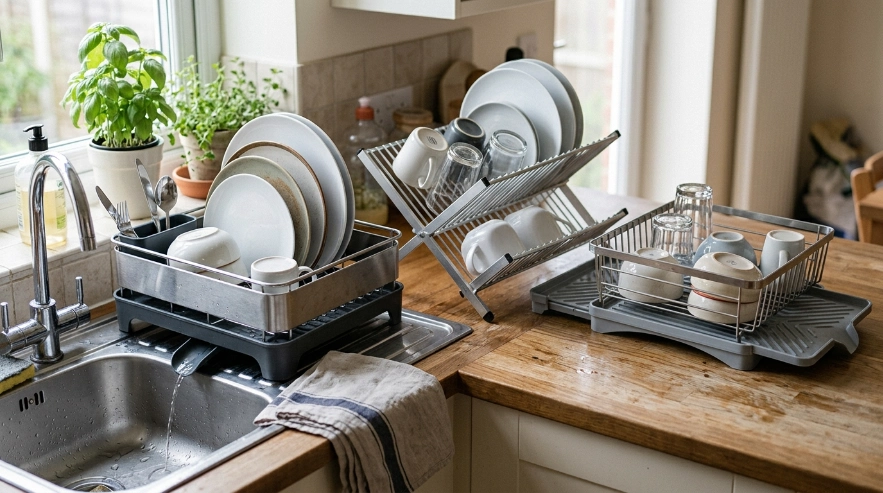 hree compact dish rack styles compared for footprint, folding storage, expansion, and sink drainage.