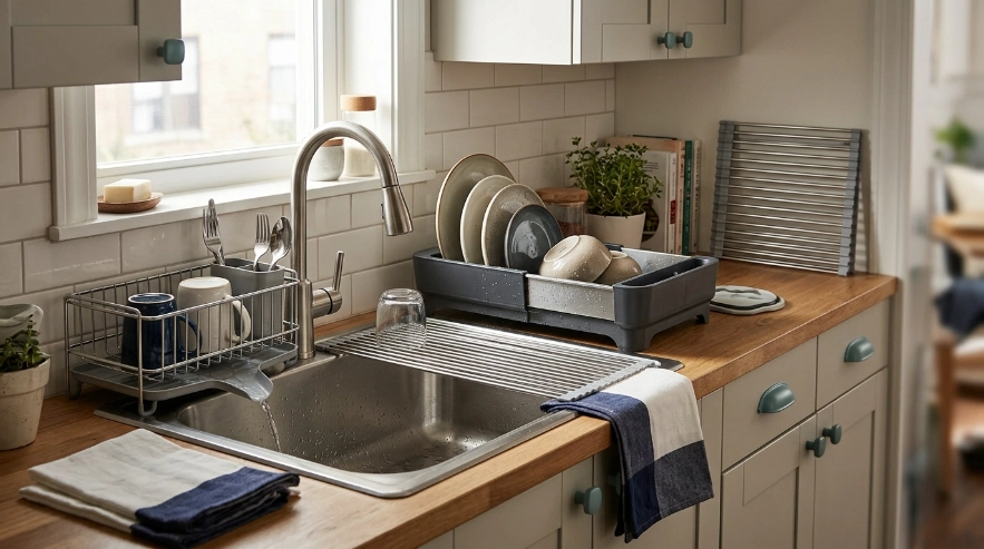 Compact, fold-flat, expandable, and over-sink dish rack solutions shown in a small kitchen.