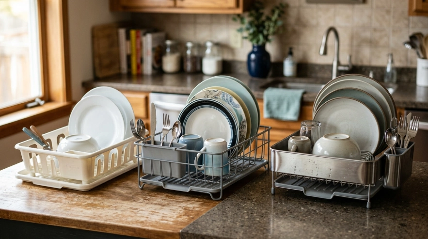 How much is a dish rack comparison showing plastic, metal, and premium stainless drying racks.
