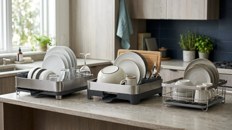 Premium, expandable, and compact dish racks compared for three different kitchen priorities.
