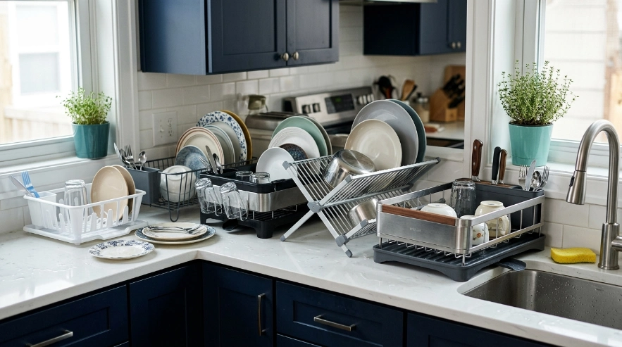 Dish racks ranging from basic plastic to premium steel models in a modern kitchen