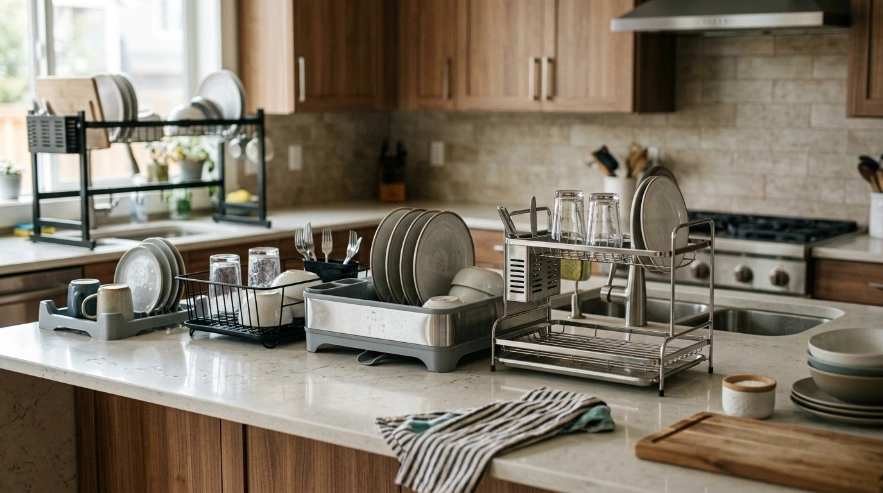 Five dish rack styles showing budget, mid-range, premium, and over-sink categories.