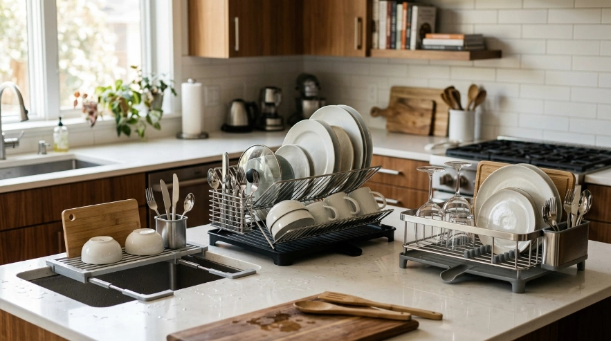 Premium, over-sink, and full-size plate racks shown for three different kitchen needs.
