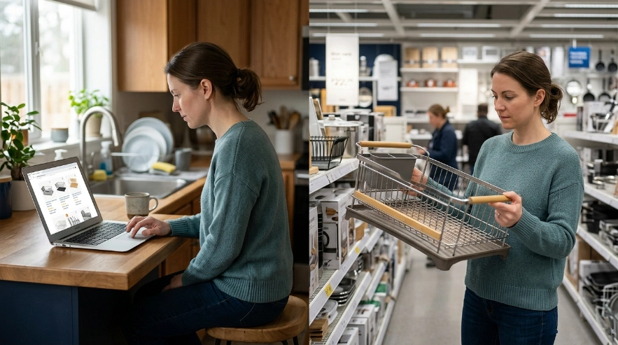 Shopper comparing an online dish rack with a rack inspected in a home-goods store
