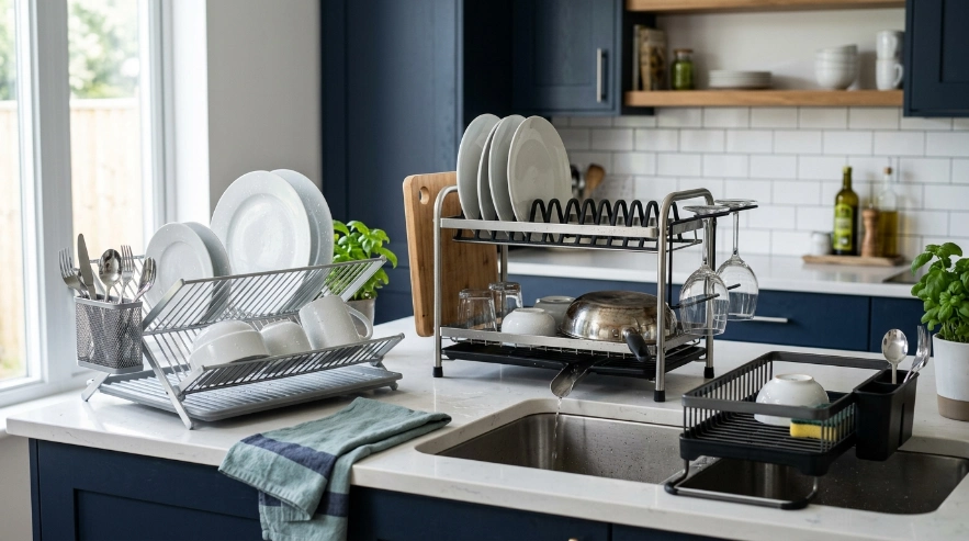 Three dish rack styles showing aluminum drainage, premium steel frame, and compact in-sink design