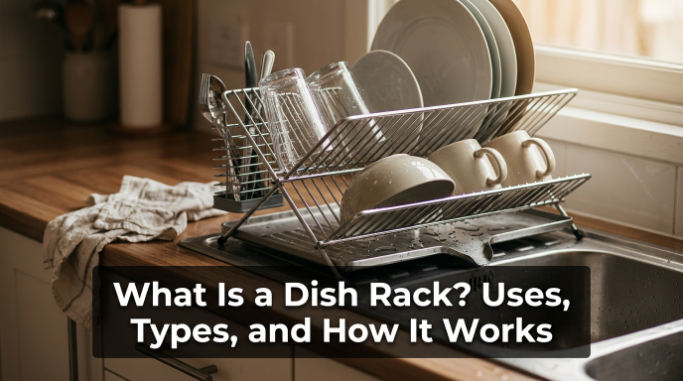 Dish rack holding plates, bowls, glasses, and utensils beside a kitchen sink