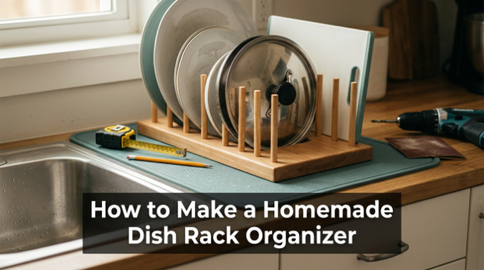 Homemade dish rack organizer holding plates on wooden pegs beside a kitchen sink