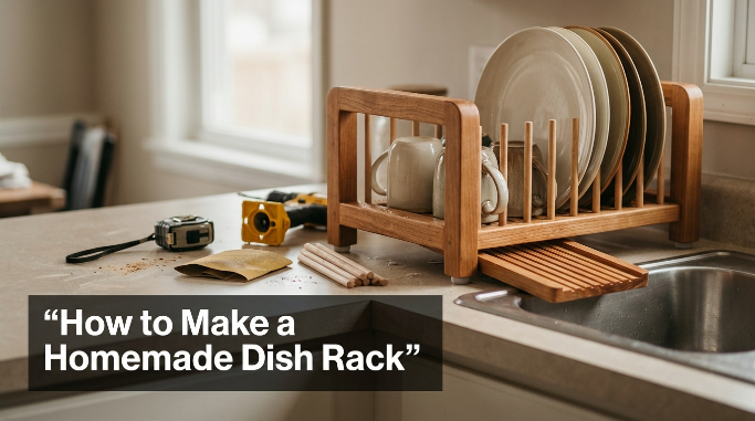 Homemade wooden dish rack with dowels, plates, drain tray, and basic woodworking tools