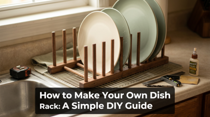 Homemade wooden dish rack with plates, drainage mat, and DIY tools beside a kitchen sink.