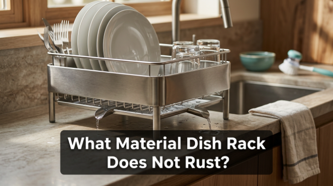 Rust-resistant 304 stainless steel dish rack holding clean plates beside a kitchen sink