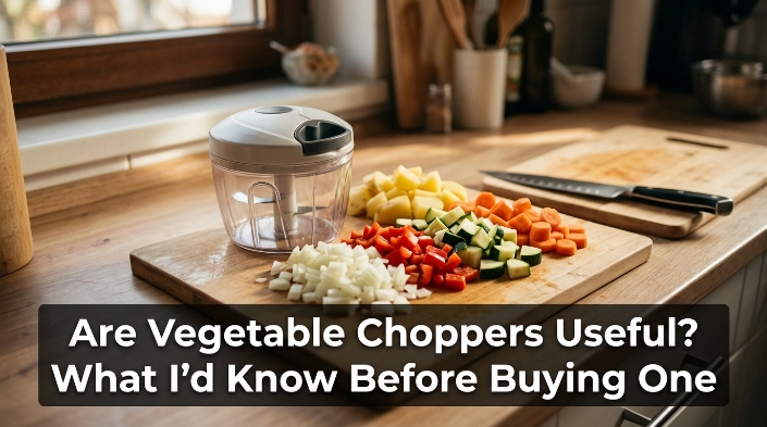 Vegetable chopper, knife, and diced vegetables showing whether vegetable choppers are useful.
