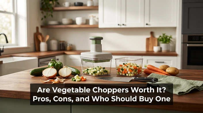 Manual vegetable chopper and chef's knife comparing whether vegetable choppers are worth it.