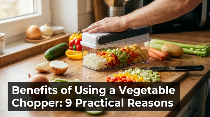 Benefits of using a vegetable chopper shown with evenly diced fresh vegetables in a home kitchen
