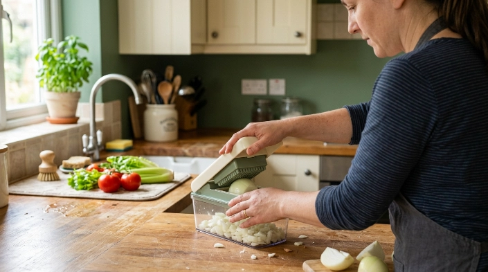 Home cook pressing pre-cut onion flat-side down through a vegetable chopper