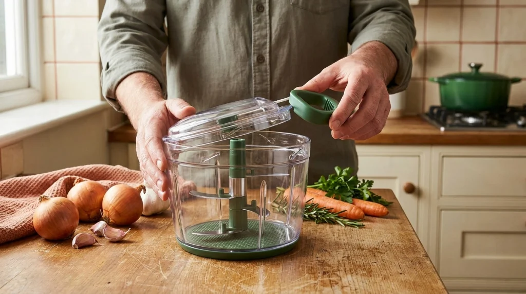 Home cook inspecting blades, clear bowl, pull handle, and non-slip base on a pull string vegetable chopper