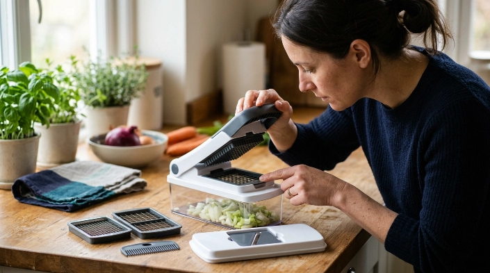 Vegetable chopper buying guide showing sturdy blades, non-slip base, catch container, cleaning comb, and inserts