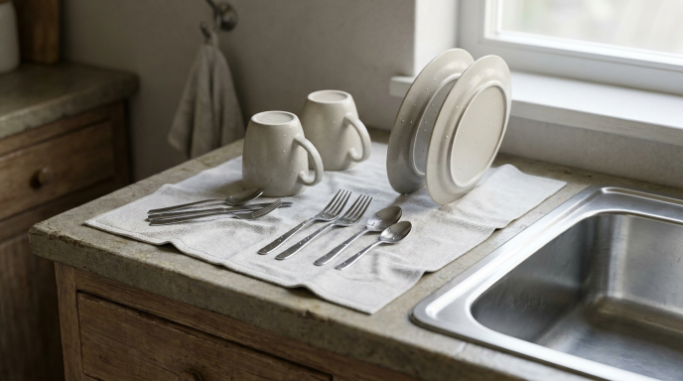 Clean kitchen towel holding separated mugs, plates and utensils beside a sink