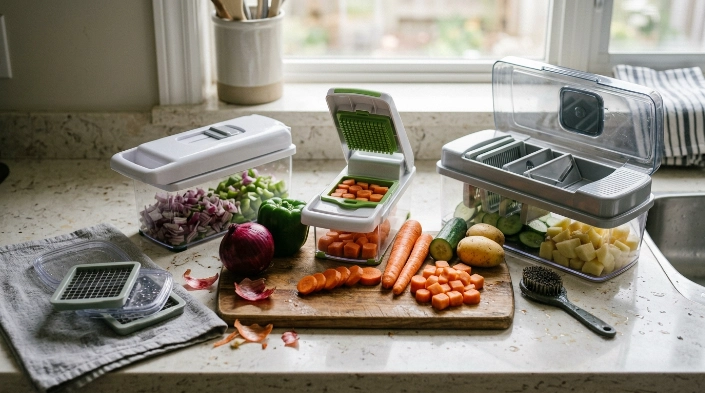 Vegetable choppers compared by blade sizes, stable bases, cleaning tools, capacity, storage, and washable parts