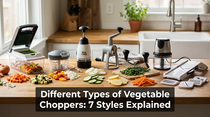 Different types of vegetable choppers with vegetables showing diced, sliced, and chopped cuts