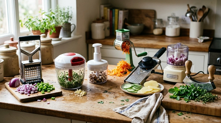 Seven types of vegetable choppers shown with vegetables and their typical cutting results