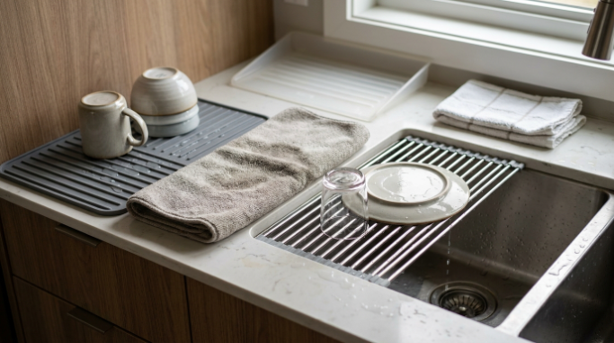 Silicone mat, microfiber mat and roll-up rack compared beside a kitchen sink