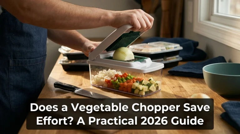 Home cook using a vegetable chopper to reduce repetitive meal-prep cutting.
