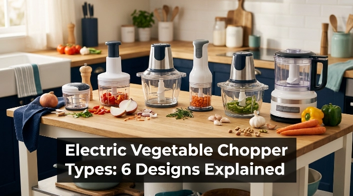 Six electric vegetable chopper types arranged with fresh vegetables in a modern kitchen