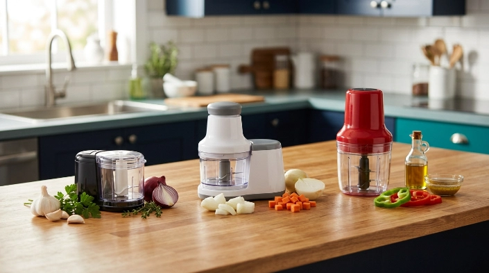 Three recommended electric vegetable chopper types shown in compact, press-lid and cordless styles