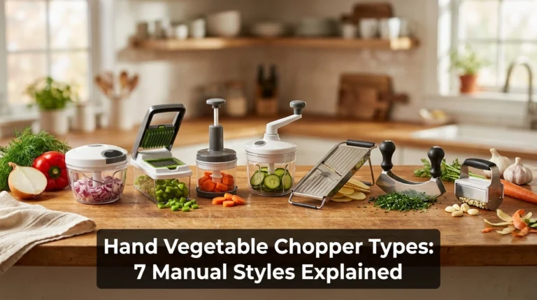 Seven hand vegetable chopper types displayed with fresh vegetables on a kitchen counter