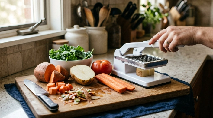 Sweet potato, carrot, potato, ripe tomato and leafy greens prepared beside a vegetable chopper