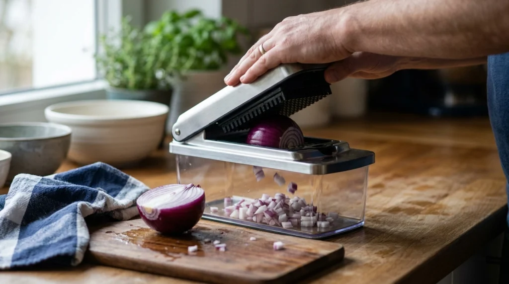 Push down vegetable chopper pressing onion through grid blades into a clear container
