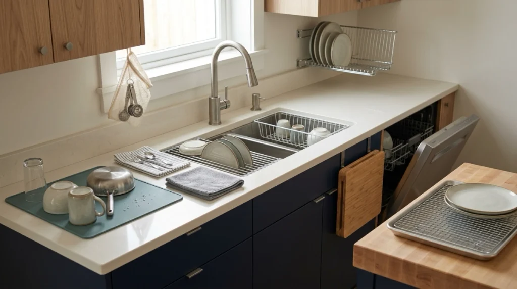 Kitchen showing silicone mat, roll-up sink rack, drainer, dishwasher and other dish rack alternatives