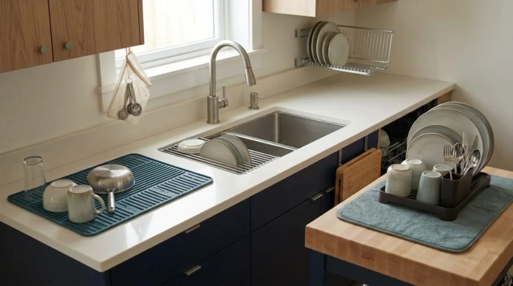 Silicone mat, roll-up sink rack and hybrid drying mat shown in a real kitchen