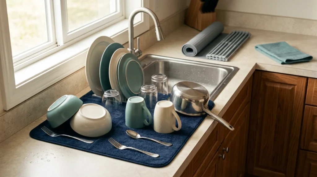 Plates, bowls, glasses, and utensils air-drying on a mat without a dish rack