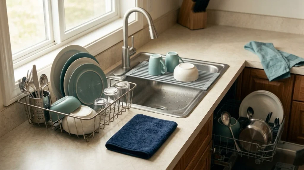 Dish rack, drying mat, over-sink platform, and dishwasher compared in one kitchen