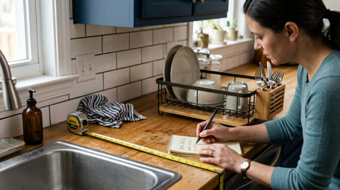 Homeowner measuring kitchen counter width and depth for a dish rack