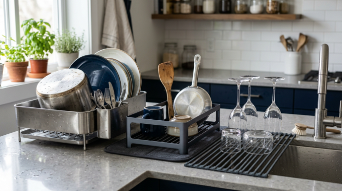 Stainless steel, anodized aluminum, and silicone dish racks displayed beside a kitchen sink
