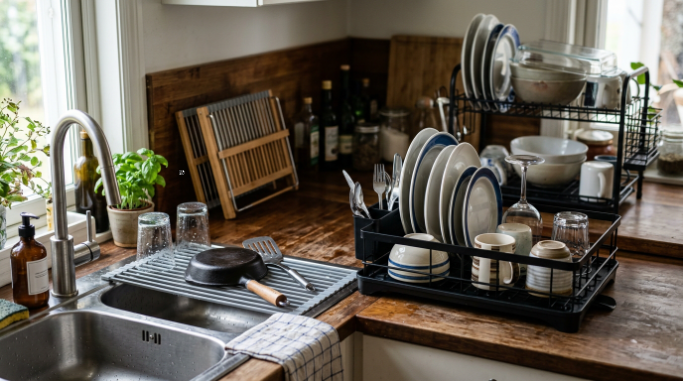 Countertop, roll-up, foldable, and two-tier dish racks in a practical kitchen