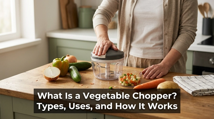 Vegetable chopper pressing onion through grid blades beside a rotating bowl chopper