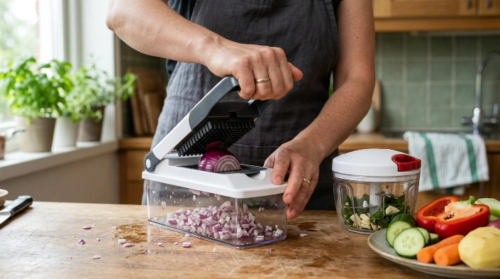 Vegetable chopper pressing onion through grid blades beside a rotating bowl chopper