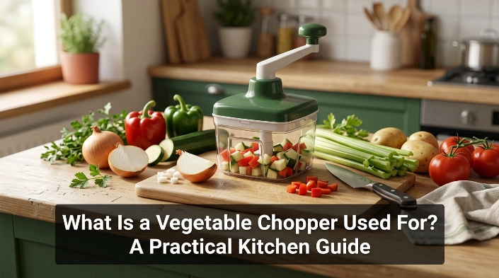 Four vegetable chopper types shown with onions, peppers, herbs, garlic, potatoes, and salsa ingredients