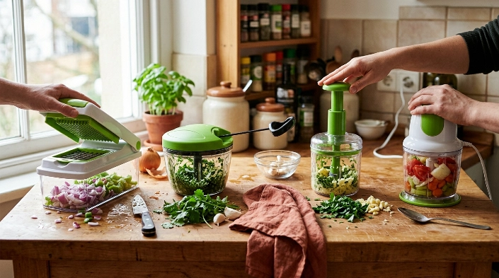 Four vegetable chopper types shown with onions, peppers, herbs, garlic, potatoes, and salsa ingredients