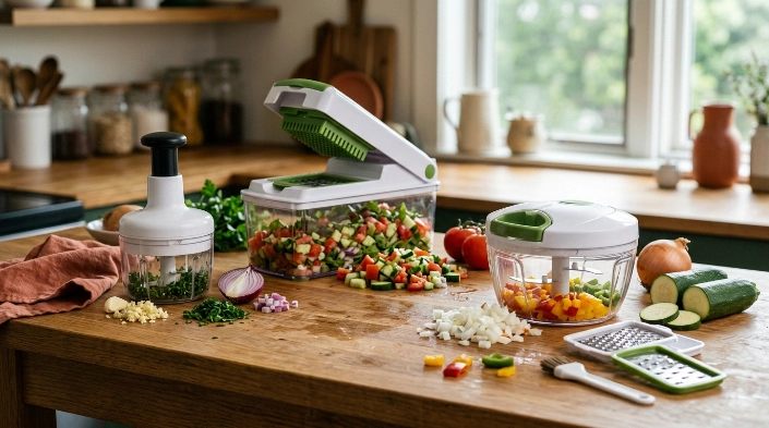 Three vegetable chopper styles compared for versatile prep, meal prep, and compact storage